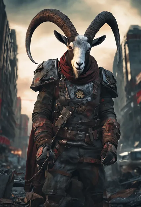 Goat-faced demon ，Wear military uniforms，Pick up the axe，red - eyed，unholy，Fierce，rampage ，Stand at the highest part of the city，Observe the city，Behind is the Demon Legion，Epic war fantasy digital art，tmasterpiece，high qulity，8K，UHD resolution，Detailed de...