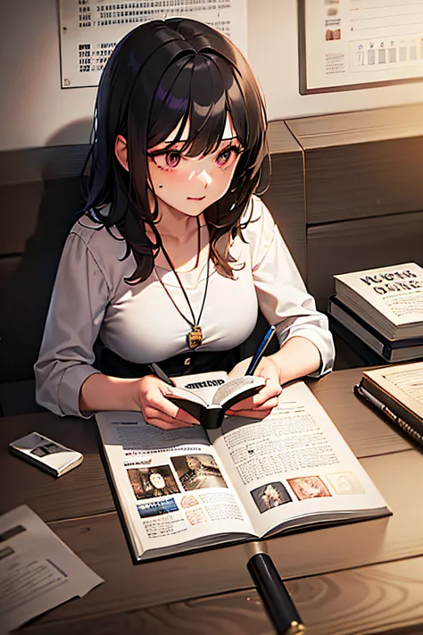 1girl,afterword,black_hair,book,calendar_(medium),character_profile,chat_log,credits,credits_page,cyrillic,english_text,engrish_text,fake_cover,french_text,holding_pen,italian_text,jewelry,lips,long_hair,lyrics,magazine_cover,menu,mole,mole_under_eye,neckl...