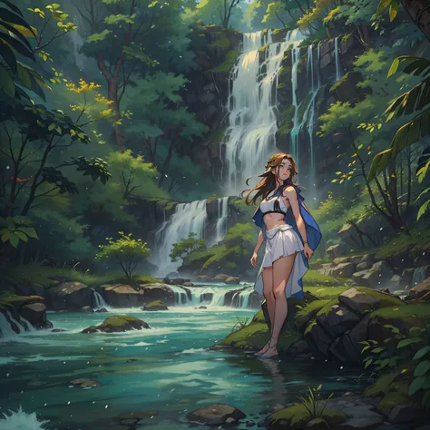 uma linda mulher,cabelos brancos, seios pequenos e olhos azuis, She is white as snow and is wearing short swimsuits, wild clothes of the forest people of the medieval era in the middle of a paradisiacal waterfall, in a kind of lake in the middle of the for...