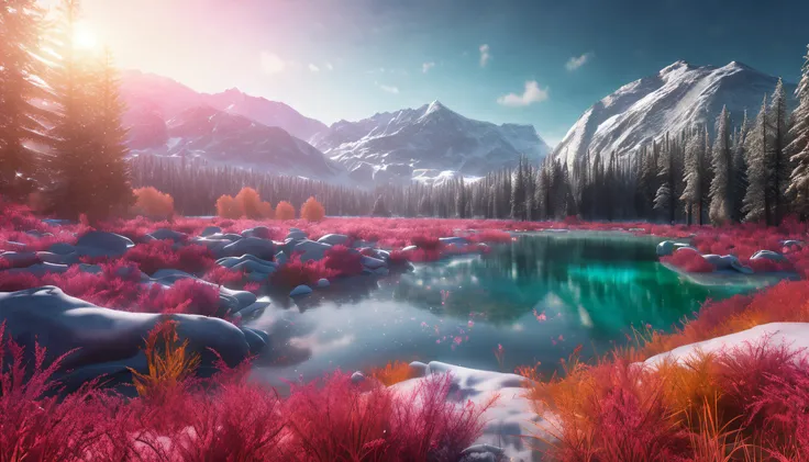 masterpiece, best quality, high quality, extremely detailed CG unity 8k wallpaper, The vast and quiet taiga stretches to the horizon, with dense green trees grouped in deep harmony, as the fresh breeze whispers through their leaves and crystal snow lies on...