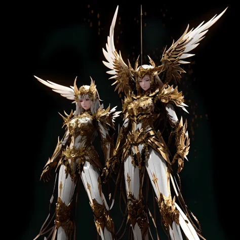 They are two very beautiful women with wings on their heads, angelic golden armor, From Lineage 2, unreal engine render saint seiya, Intricate white and gold armor, heavy white and golden armor, glossy white armor, ornate white and gold armour, holy armor,...