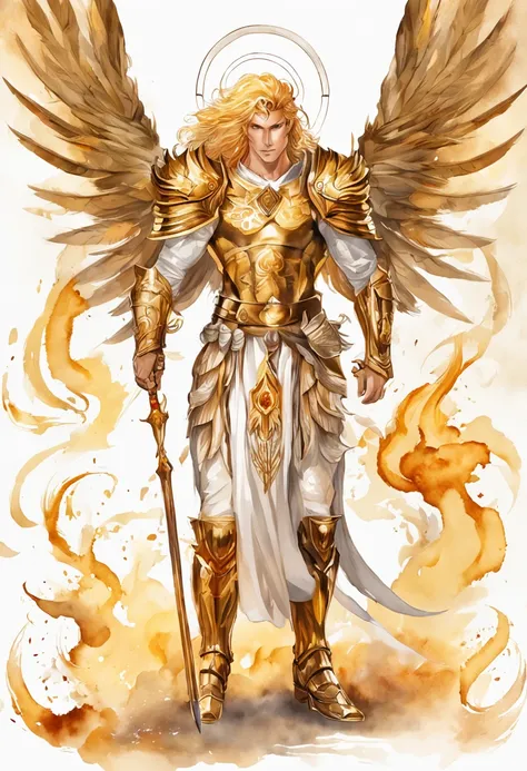 golden hair，King with scarlet eyes，Holding a giant golden holy sword，Burning flames，The angel wings behind him spread，Dressed in dark gold patterned armor，Decorated with sun patterns，Incarnation of the sun god Apollo，Lion Phantom