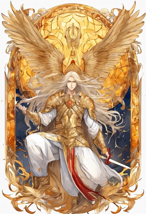 golden hair，King with scarlet eyes，Holding a giant golden holy sword，Burning flames，The angel wings behind him spread，Dressed in dark gold patterned armor，Decorated with sun patterns，Incarnation of the sun god Apollo，Lion Phantom