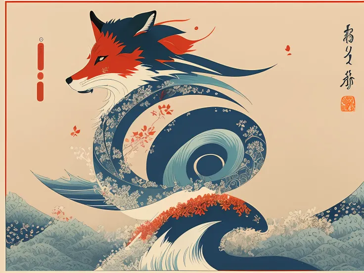 There is a fox ukiyo-e art style red maple leaf red hue inspired by Hirogai Kano, katsushika hokusai style