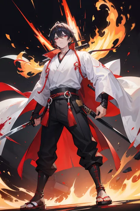 2boys，cabelos preto e longos，Red-eyed teenage man，Stand on an empty street at night，extreme hight detail，White jacket，Black Hakama，Aoba Ori，Holding a huge blood-colored weapon in one hand，A Japanese style，Intimidating，Engulfed in flames、Sword，wall-paper，CG...