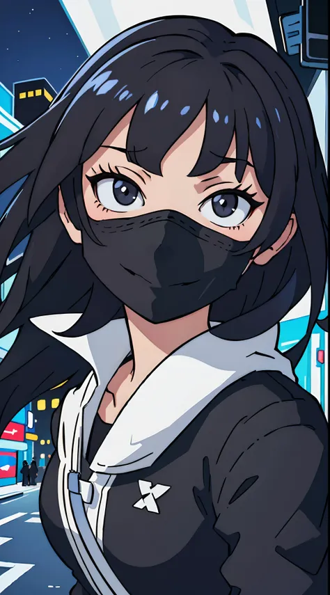 (best-quality:0.8), (best-quality:0.8), perfect anime illustration, extreme closeup portrait of a pretty woman walking through the city, wearing a black mask, night time