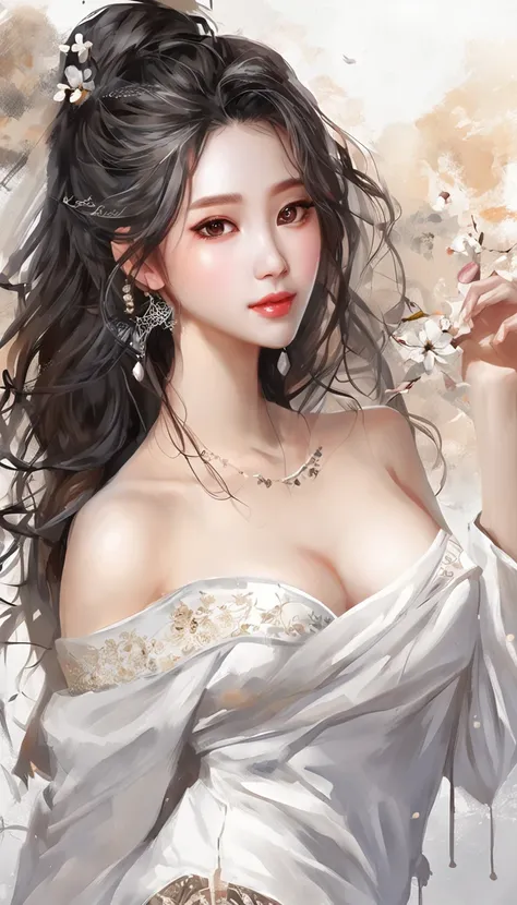 ((Looking back)), ((full bodyesbian)), ((Realistic)), ((From behind, From below)), (((off-the-shoulder clothes))), Beautiful young girl, Beautiful Korean model, Nice face, shyexpression, Long black hair,huge tit，Expose cleavage curls, 耳Nipple Ring, By bang...