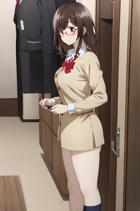 best quality, (masterpiece:1.2), highly detailed, indoors, kitchen, 
1girl, solo, ogiwara sayu,
looking at the viewer, medium breasts,  slight smile, closed mouth, blush, standing,
brown eyes, brown hair, long hair,  school uniform, red bow, white shirt, s...