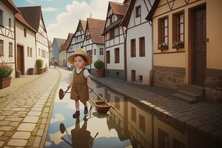 Date: 1940
Country: Germany
Description: A child balances on a cobbled German street, carefully guiding a homemade wooden sailboat through a luminous puddle.