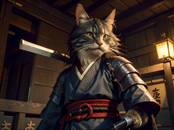 c4ttitude, samurai, watchful, almond-shaped eyes, furrowed brow, sleek fur, warrior, disciplined, focused, armored kimono, guarded coverage, steel, clawed paws, katana, feudal Japan, street, honor, duel, confrontation scene,