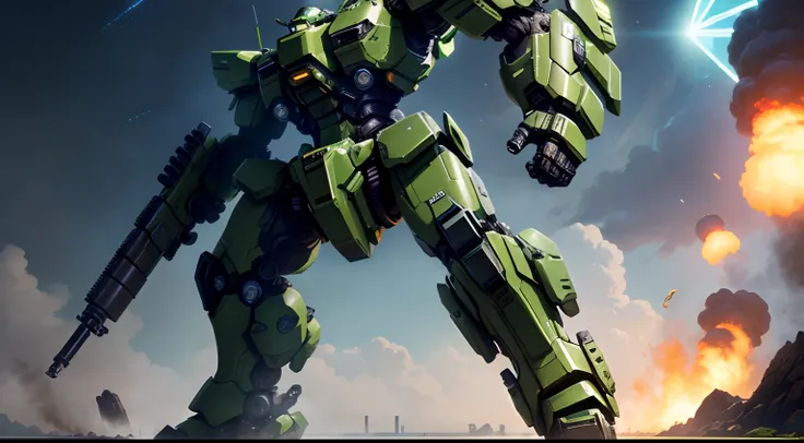 Green mech，A sense of oppression in the night，Pacific Rim style，large，Equipped with a giant cannon。