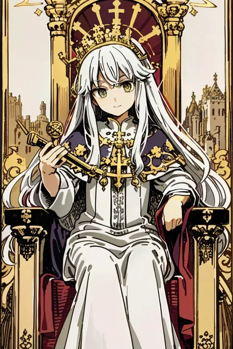 tarot cards，Pope Full Body,on a scepter,Sit on the throne,((robe with an intricate pattern)),(1 girl)，(solo),(cute anime face),golden eyes,white hair,Long hair, smile,halo,(sit on the low throne),in magnificent castle,