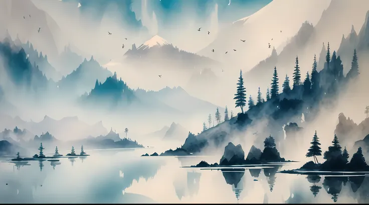 white backgrounid， scenecy， ink， mont， eau， the trees，lakeside