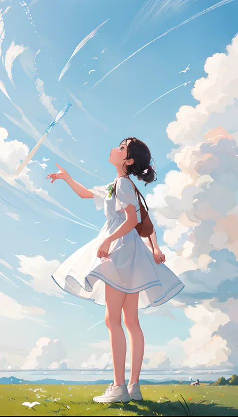 A girl stands on the grass and looks up at the sky ，white dresses，White sneakers