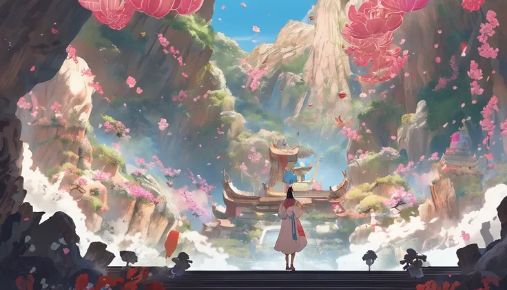 Ghibli style, The beautiful roof of the sky cave is draped under the painting flying for a week，Some bouquets，Some music，Offering to the Buddha。Two flying bodies on the north side of the eastern slope，The image posture is perfect。Both in one bun，Put on a c...