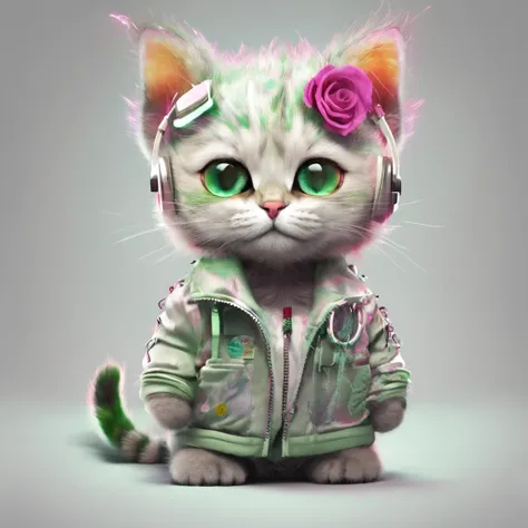 Perfect centering, Cute cat, Wearing a jacket，American short cat，green-eyed，Rose flower, Wearing headphones, cheerfulness, Standing position, Abstract beauty, Centered, Looking at the camera, Facing the camera, nearing perfection, Dynamic, Highly detailed,...