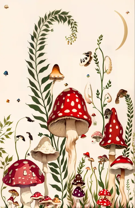 There are many mushrooms and plants in the grass with the moon, whimsical forest, mushrooms and plants, illustrated in whimsical style, toadstools, Mushroom forest, fungus and plants, Cogumelos, fairy tale forest, Mushrooms are everywhere, Mushrooms, magic...