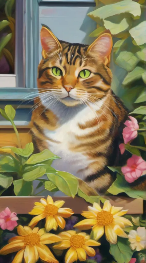 Create a captivating painting of a Tabby cat with green-yellow eyes, lying in a comfortable box with its head playfully poking out. The cat should have a lazy and content expression, capturing its relaxed demeanor. Set the scene in a sunny garden with dapp...