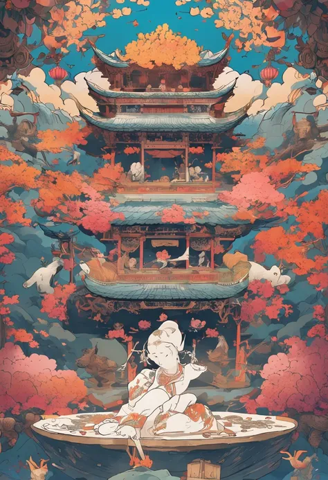 Ghibli style, The beautiful roof of the sky cave is draped under the painting flying for a week，Some bouquets，Some music，Offering to the Buddha。Two flying bodies on the north side of the eastern slope，The image posture is perfect。Both in one bun，Put on a c...