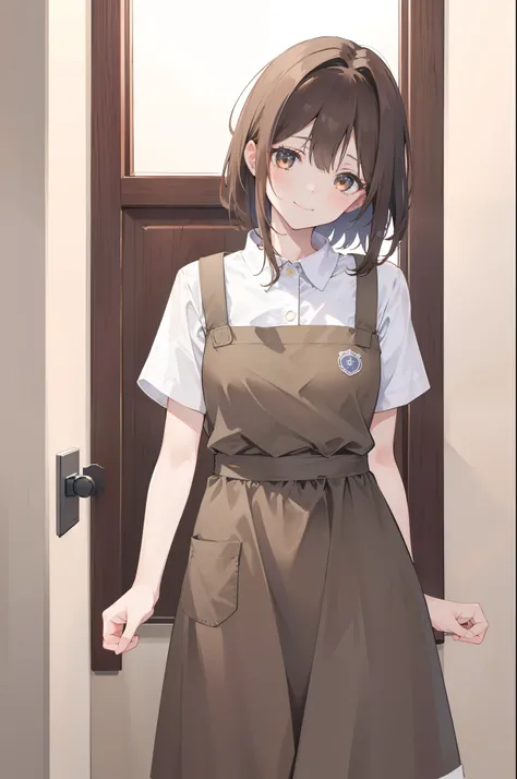 Tilt your head and smile，Beautuful Women，Wear an apron，Casual clothes，brown  hair，photographed，Home，frontage，(Contre-Jour)，high qulity，Ultra-clear，8K