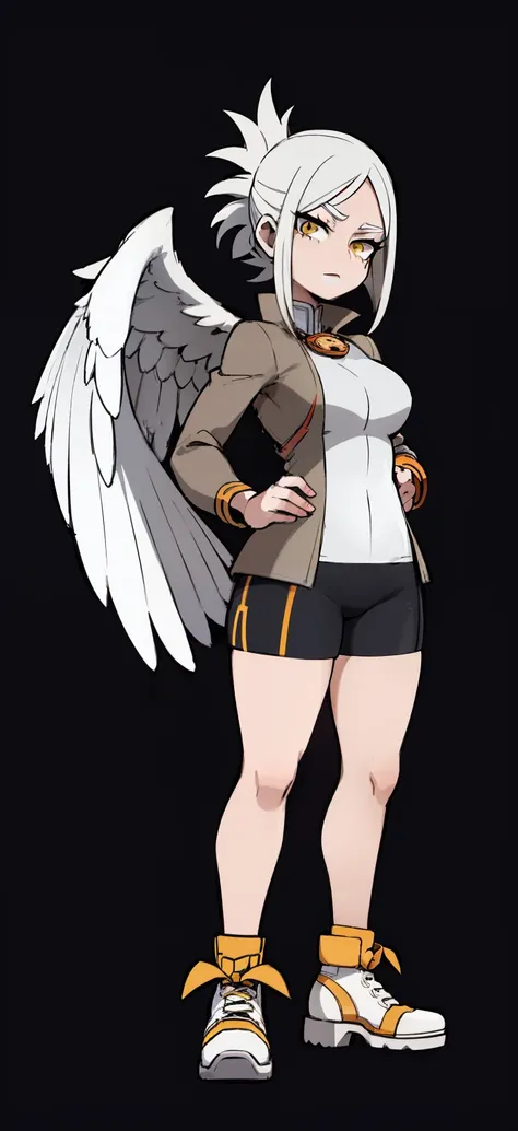 My Hero Academia Style, Anime Girl, Female, Trending on ArtStation Pixiv, (Full Body Shot: 0.5), Wide Hips, Wide Thighs, Large Breast, Pterodactyl Face, Short Hair, Ash White Hair, Yellow Eyes, Pterodactyl Snoot, pterodactyl crest, feathered wings on back,...