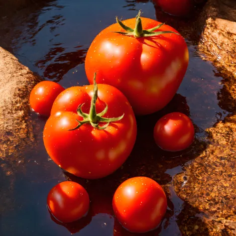 a purple tomato splashes into transparent red water, ultra detailed high res photorealistic shoot, ((realistic photo)), sharp sh...