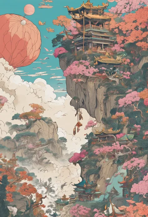 Ghibli style, The beautiful roof of the sky cave is draped under the painting flying for a week，Some bouquets，Some music，Offering to the Buddha。Two flying bodies on the north side of the eastern slope，The image posture is perfect。Both in one bun，Put on a c...