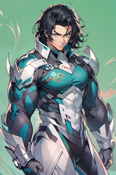 Medium black hair, Blue eyes, cavalier，musculature，Handsome man，tightsuit，废墟，detailed anime character art, illustratio