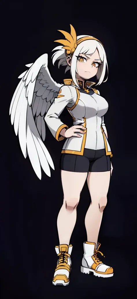 My Hero Academia Style, Anime Girl, Female, Trending on ArtStation Pixiv, (Full Body Shot: 0.5), Wide Hips, Wide Thighs, Large Breast, Pterodactyl Face, Short Hair, Ash White Hair, Yellow Eyes, Pterodactyl Snoot, pterodactyl crest, feathered wings on back,...