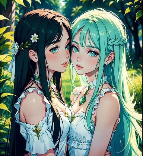 adesivo, fundo simples, portrait, 2 girls, couple, kissing, girl with long hair, beautiful virgo girl, virgo aesthetic, beautiful girl, very beautiful fantasy art, beautiful and elegant female virgo, beautiful detailed fantasy, white and green color palate...