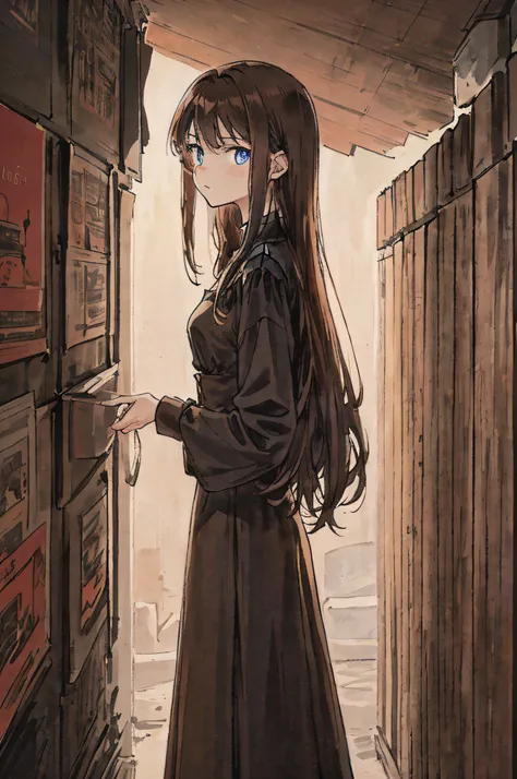 17-year-old girl，Sky blue eyes，Height 175cm，Long brown hair that falls to the shoulders，The chin is slightly pointed，Wear a black dress，Stand in front of a wall covered with band posters，Only the side face is exposed，ultra cute