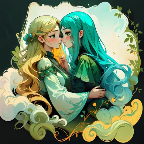 adesivo, fundo simples, portrait, 2 girls, couple, kissing, girl with long hair, beautiful virgo girl, virgo aesthetic, beautiful girl, very beautiful fantasy art, beautiful and elegant female virgo, beautiful detailed fantasy, white and green color palate...