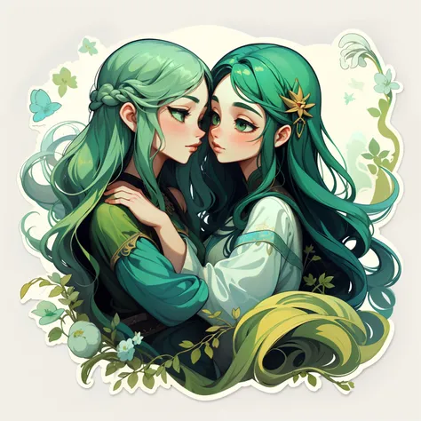 adesivo, fundo simples, portrait, 2 girls, couple, kissing, girl with long hair, beautiful virgo girl, virgo aesthetic, beautiful girl, very beautiful fantasy art, beautiful and elegant female virgo, beautiful detailed fantasy, white and green color palate...