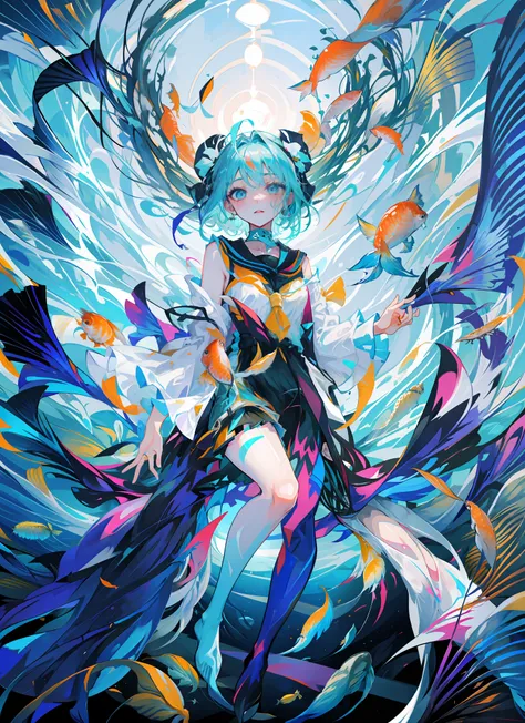 beautiful woman dancing underwater, ((Surrounded by schools of fish):1.6),dress spraying with colors, paint fanned out, paint splatter,wet, water, rim light, vibrant details, elegant, best quality, style-paintmagic,