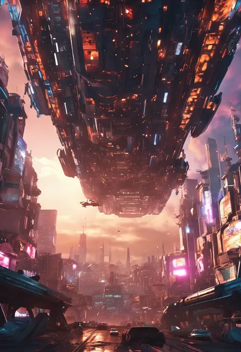 animesque　Looking up　CCS-ClassBattleCruiser flying overhead　Vast and epic Cyberpunk Tokyo　8k　ighly detailed　top-quality