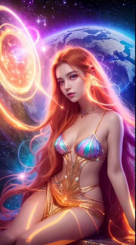 4K ultra hd, masterpiece, a girl with a magical aura, good face, long hair, shining hair, detailed eyes, glossy lips, wearing a dress in color orange, aura around the body, magical effects, spreading white and orange lights, Cosmic elements and ethereal at...