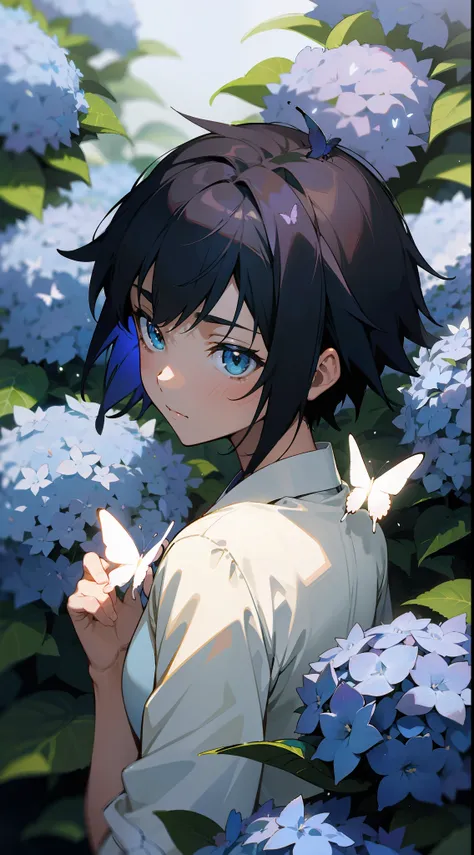 closeup, butterfly landed on blue Hydrangeas, makoto shinkai style, middle forest, dark sky, focus on butterfly, colorful butterfly, godspeed on butterfly