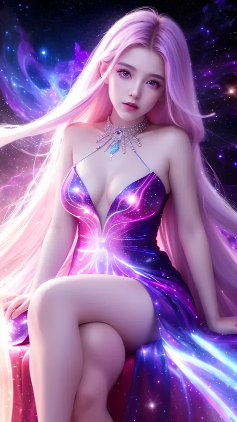 4K ultra hd, masterpiece, a girl with a magical aura, good face, long hair, shining hair, detailed eyes, glossy lips, wearing a dress in color red, aura around the body, magical effects, spreading white and white lights, Cosmic elements and ethereal atmosp...