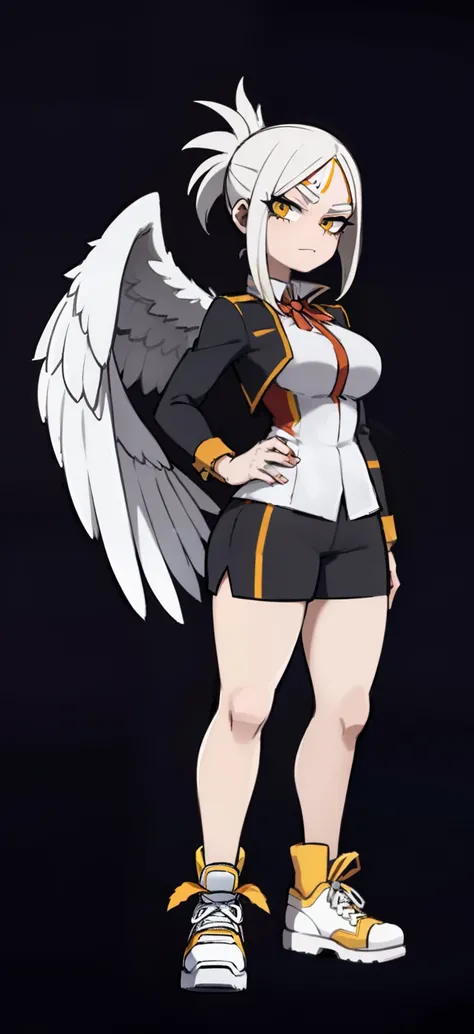 My Hero Academia Style, Anime Girl, Female, Trending on ArtStation Pixiv, (Full Body Shot: 0.5), Wide Hips, Wide Thighs, Large Breast, Pterodactyl Face, Short Hair, Ash White Hair, Yellow Eyes, Pterodactyl Snoot, pterodactyl crest, feathered wings on back,...