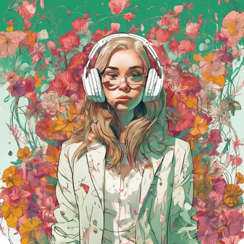 Perfect centering, Cute cat, Wearing a jacket，Blonde gradient hair，with a round face，green-eyed，blossoms，gold coins，UHR，, Wearing headphones, cheerfulness, Standing position, Abstract beauty, Centered, Looking at the camera, Facing the camera, nearing perf...