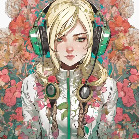 Perfect centering, Cute cat, Wearing a jacket，Blonde gradient hair，with a round face，green-eyed，blossoms，gold coins，UHR，, Wearing headphones, cheerfulness, Standing position, Abstract beauty, Centered, Looking at the camera, Facing the camera, nearing perf...