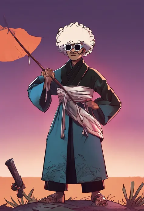 I made a character wearing sunglasses with an afro, wearing a hakama, wearing a hakama, and holding a dagger.