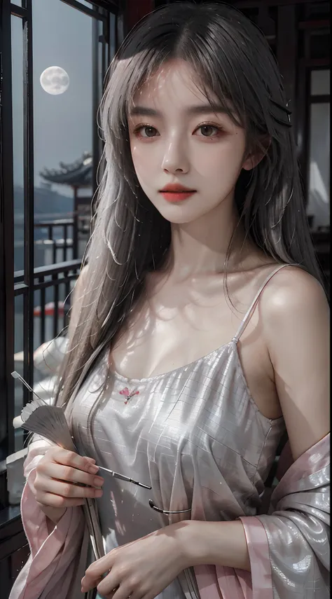 8K, Masterpiece, Best quality, Night, full moon, 1 girl, Chinese style, Chinese architecture, Mature woman, sister, Silver white long haired woman, Long hair, Light pink lips, calm, logical, bangs, Gray pupils, assassins, Fan, petal dancing, Delicate face,