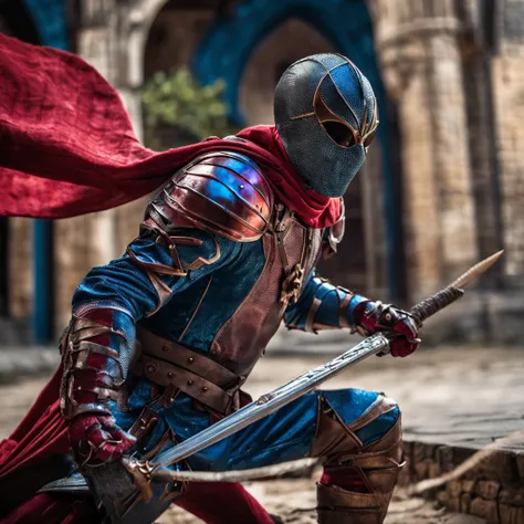 Marvel at the magical spider - the man who served as a medieval themed knight, Full set of red and blue glittering armor, Intricate details, Depicted in action poses, holds a spear, Medieval town in the background, Photorealistic, Dramatic lighting, Beauti...