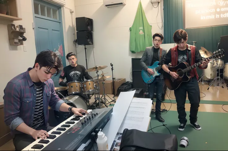 Music band ,boy band,masterpiece picture,play guitar,play piano,play drum