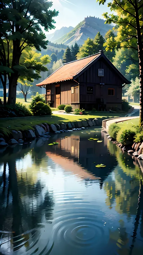 tmasterpiece，top-quality，Green water，There are green lotus leaves，There is a duckling swimming，rays of sunshine，in the early morning，The wooden watermill is turning lush，foliage，Willow branches hanging down from the top of the picture，（Leaves on the water：...