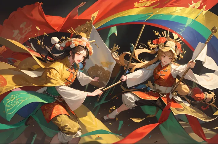 A magnificent picture of the Three Kingdoms period at the end of the Han Dynasty，The army is on the march，Flags of all colors fluttered，Printed on each of them"wang"、"Zhao"、"strict"、"Wei"、"Liu"Five surnames。