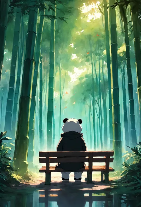 Panda sitting on a bench, Face away from the camera，shot from a far distance，tmasterpiece, best qualityer, cinematic Film still from, Soft lighting and warmth，bamboo forrest，Forrest Gump