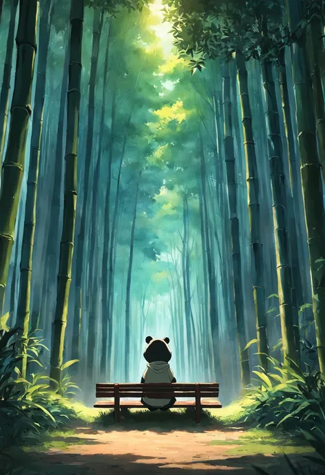 Panda sitting on a bench, Face away from the camera，shot from a far distance，tmasterpiece, best qualityer, cinematic Film still from, Soft lighting and warmth，bamboo forrest，Forrest Gump