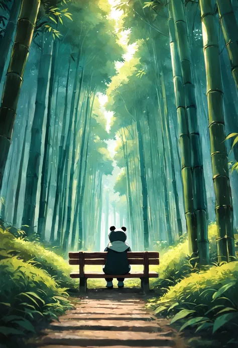 Panda sitting on a bench, Face away from the camera，shot from a far distance，tmasterpiece, best qualityer, cinematic Film still from, Soft lighting and warmth，bamboo forrest，Forrest Gump